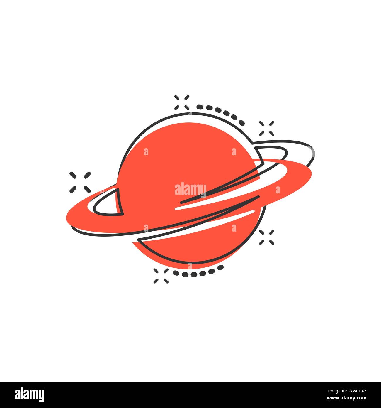 L'icône de Saturne dans le style comique. Vector cartoon illustration sur planète isolé blanc fond. Concept d'entreprise de l'espace Galaxy effet splash. Illustration de Vecteur