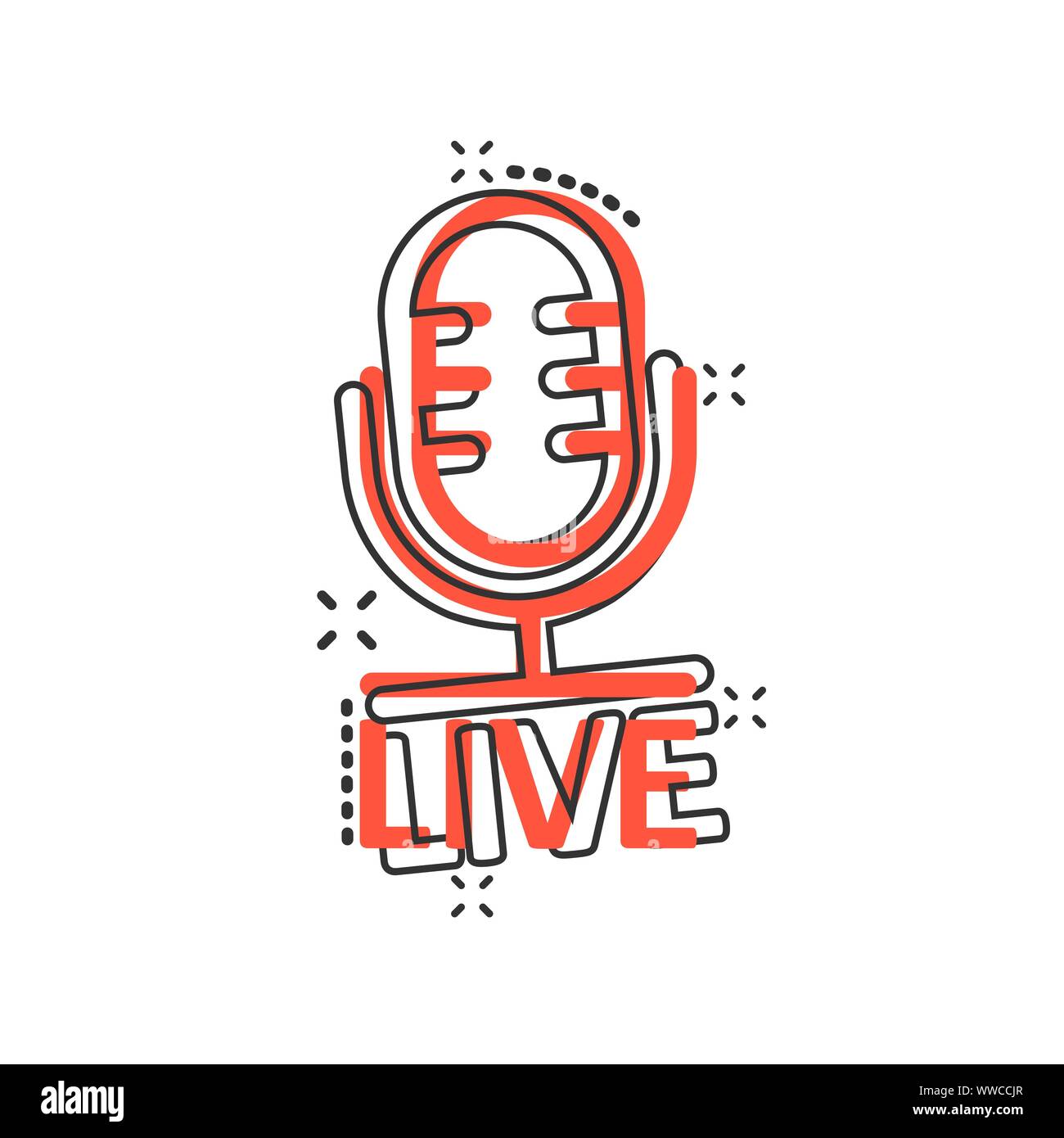 L'icône de microphone dans le style comique. Vector cartoon illustration live broadcast on white background isolés. L'enregistrement du son concept d'effet splash. Illustration de Vecteur