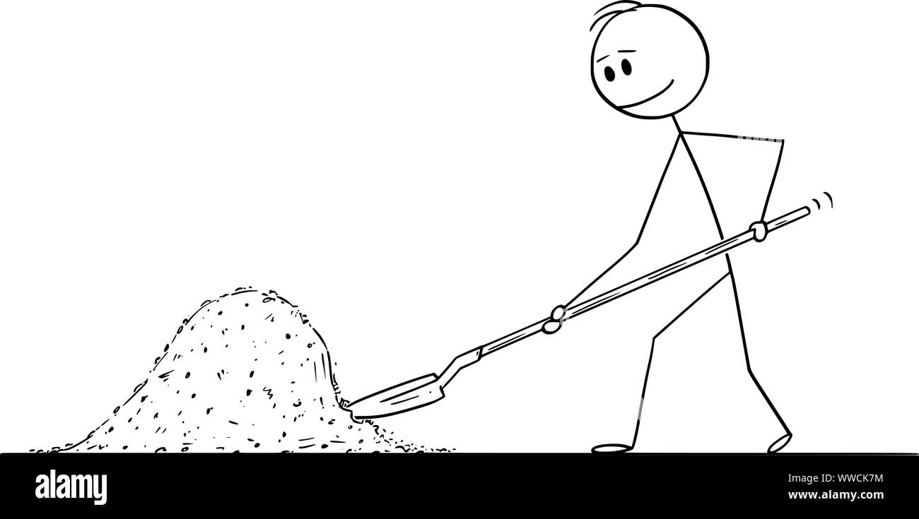 Vector cartoon stick figure dessin illustration conceptuelle de l'homme ou de travailleur de la construction ou du constructeur avec pelle pelleter de gros tas de terre ou de sable. Illustration de Vecteur