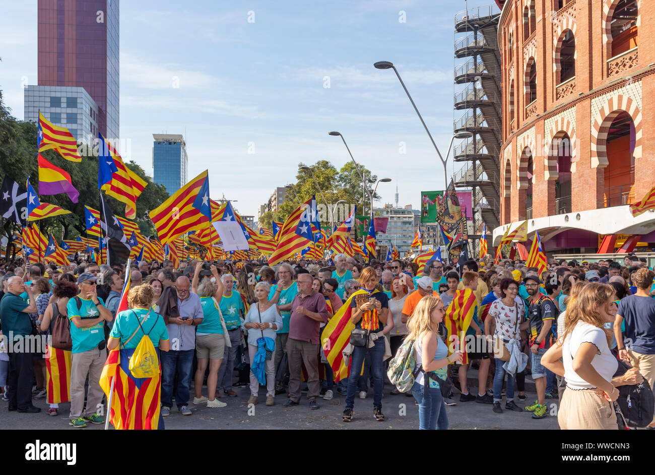 Le catalan en faveur de l'indépendance du protestrers pendant un rassemblement qui a eu lieu dans la journée nationale catalane 'La Diada". Barcelone, 2019 Banque D'Images