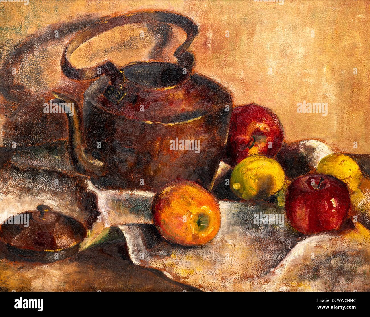 Peinture Nature morte avec pommes, citrons, théière sur une nappe arrière-plan. Banque D'Images