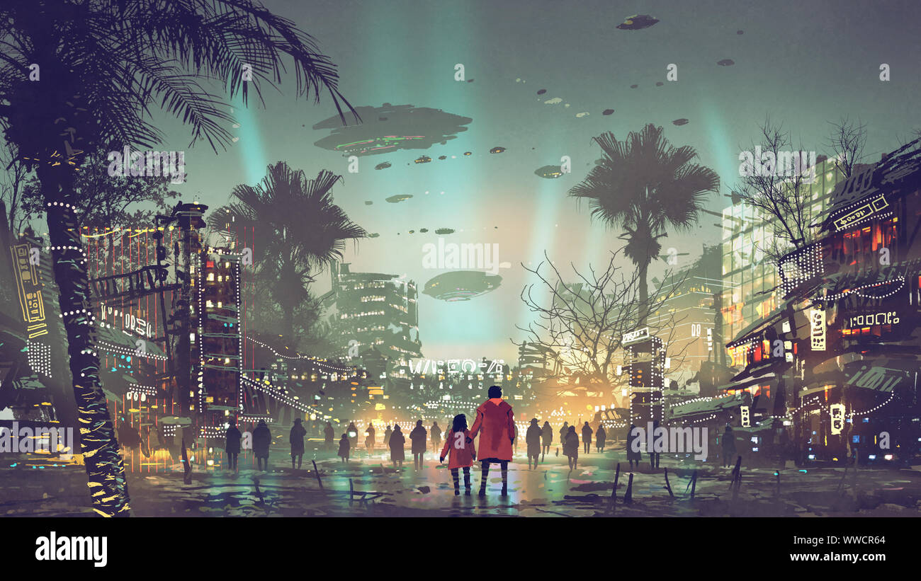 Père et fille à la ville futuriste à la lumière colorée, avec un style d'art numérique, illustration peinture Banque D'Images