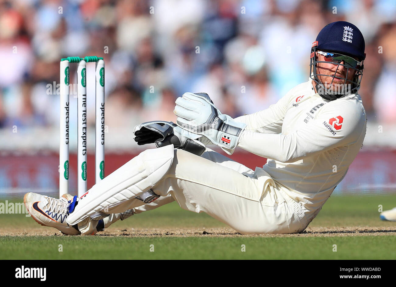 Au cours de l'Angleterre Jonny Bairstow jour 4 de la cinquième test match à l'Ovale de Kia, Londres. Banque D'Images