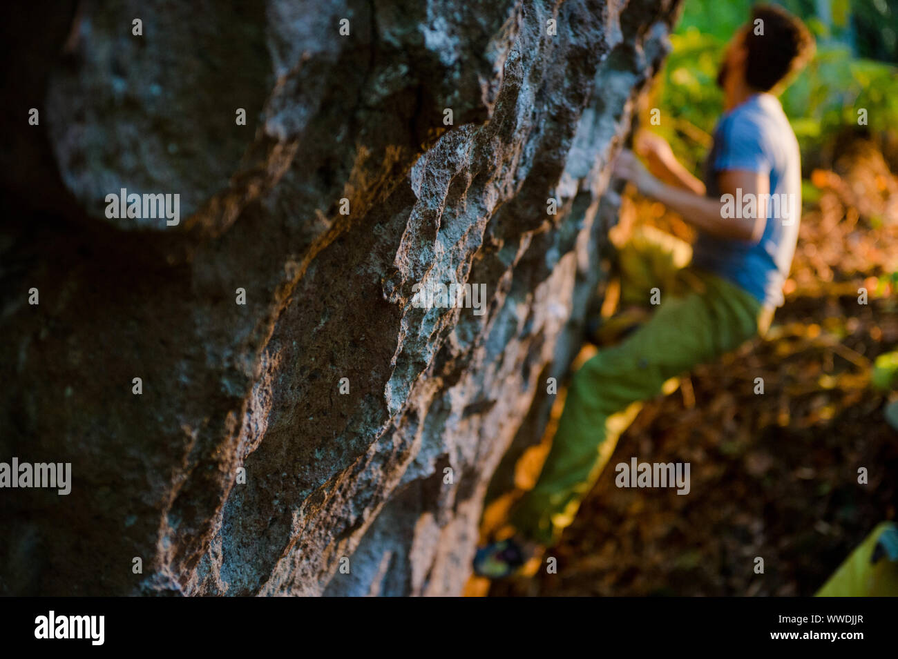 Jeune homme sport active escalade sur rocher en plein air pendant le bloc de la formation sur le coucher du soleil chaud Banque D'Images