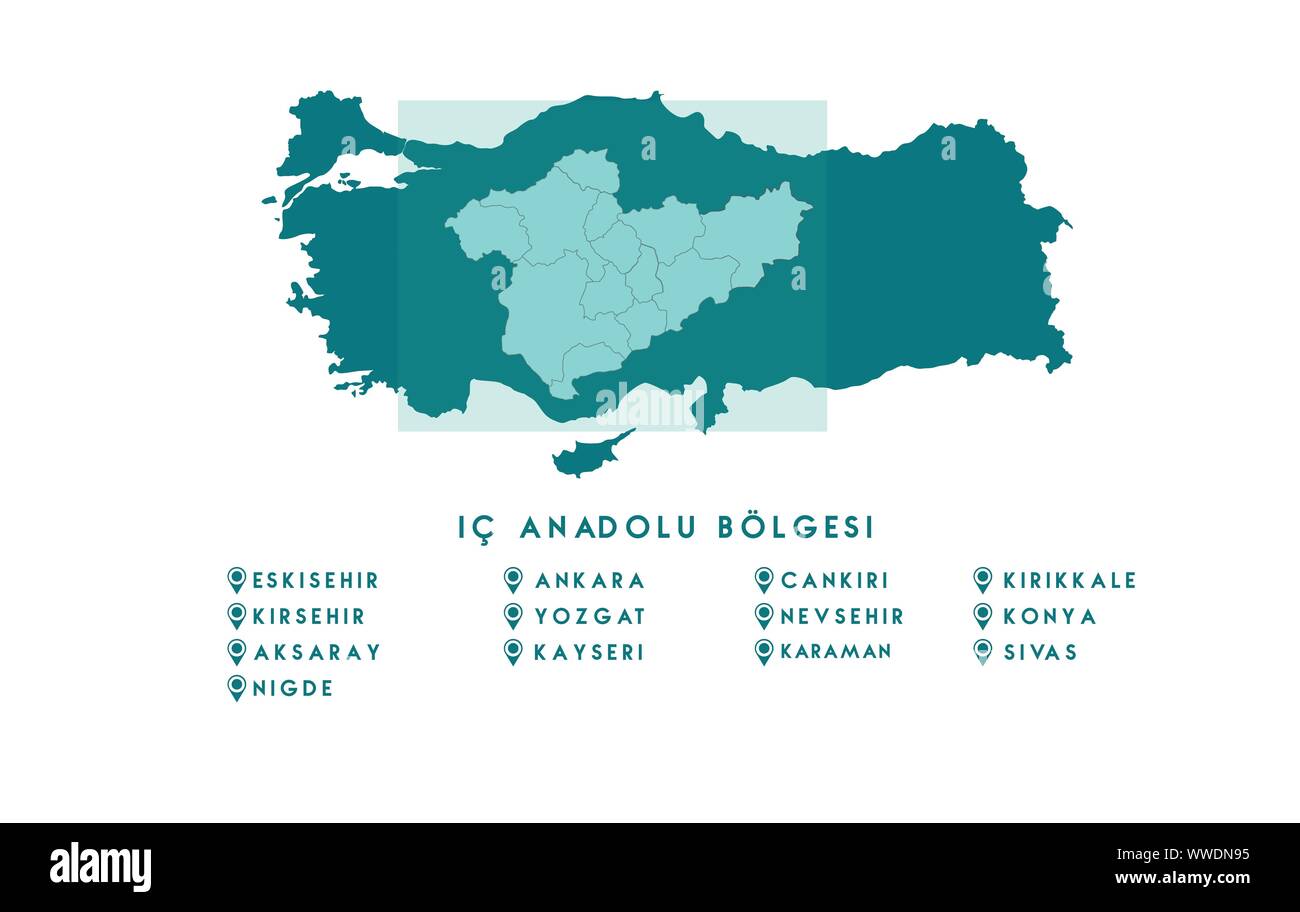 La Turquie Anatolie centrale ( Carte ic Turkiye turc anadolu bolgesi, Ankara, Istanbul, Kirsehir, Aksaray, Konya, Sincelejo, Nigde, Kayseri, Nevsehi Illustration de Vecteur