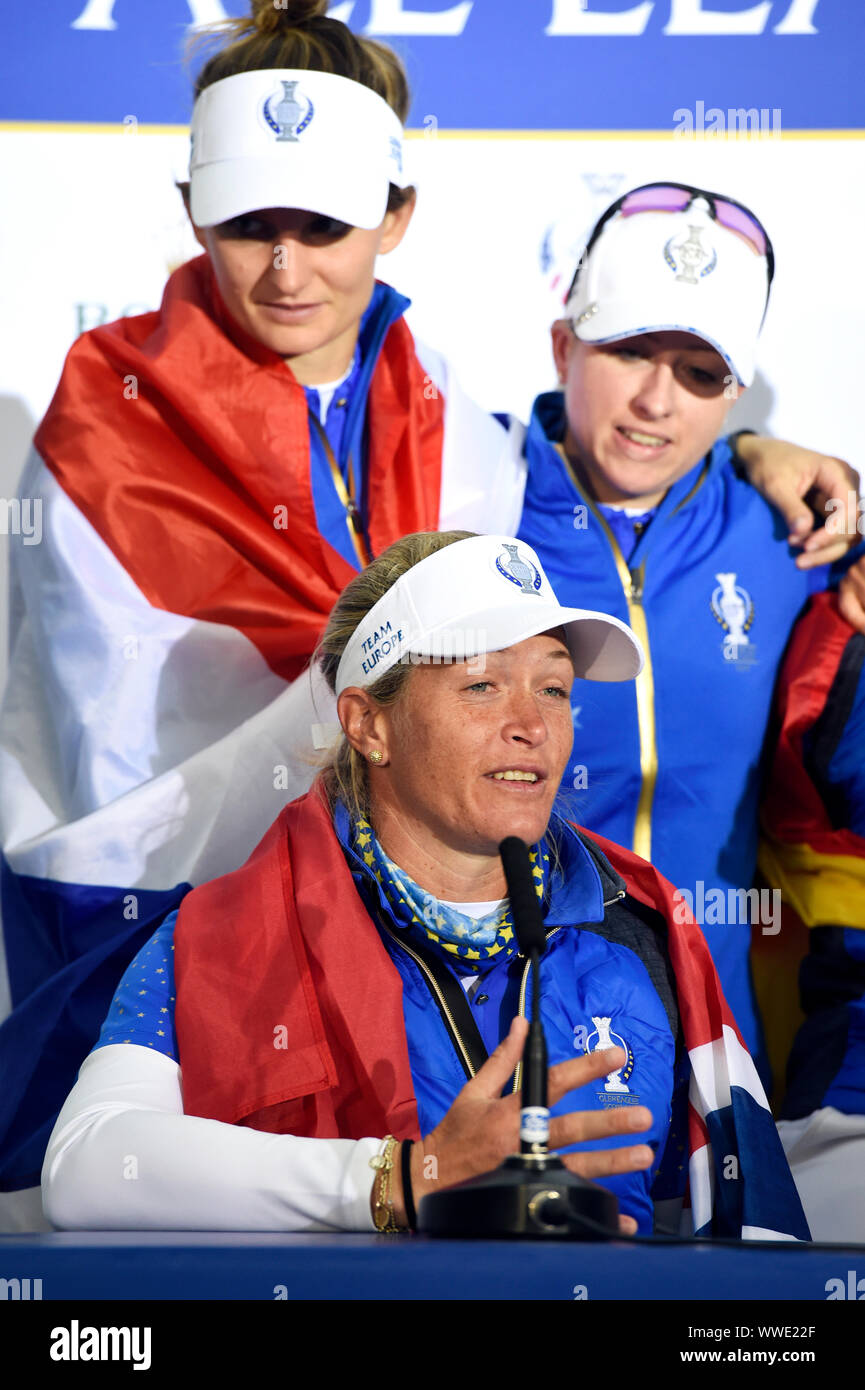 L'Europe de l'équipe Suzann Pettersen annonce sa retraite dans l'après-match conférence de presse après la victoire de l'équipe de l'Europe dans la Solheim Cup sur la troisième journée de la Solheim Cup 2019 à Gleneagles Golf Club, à Auchterarder. Banque D'Images