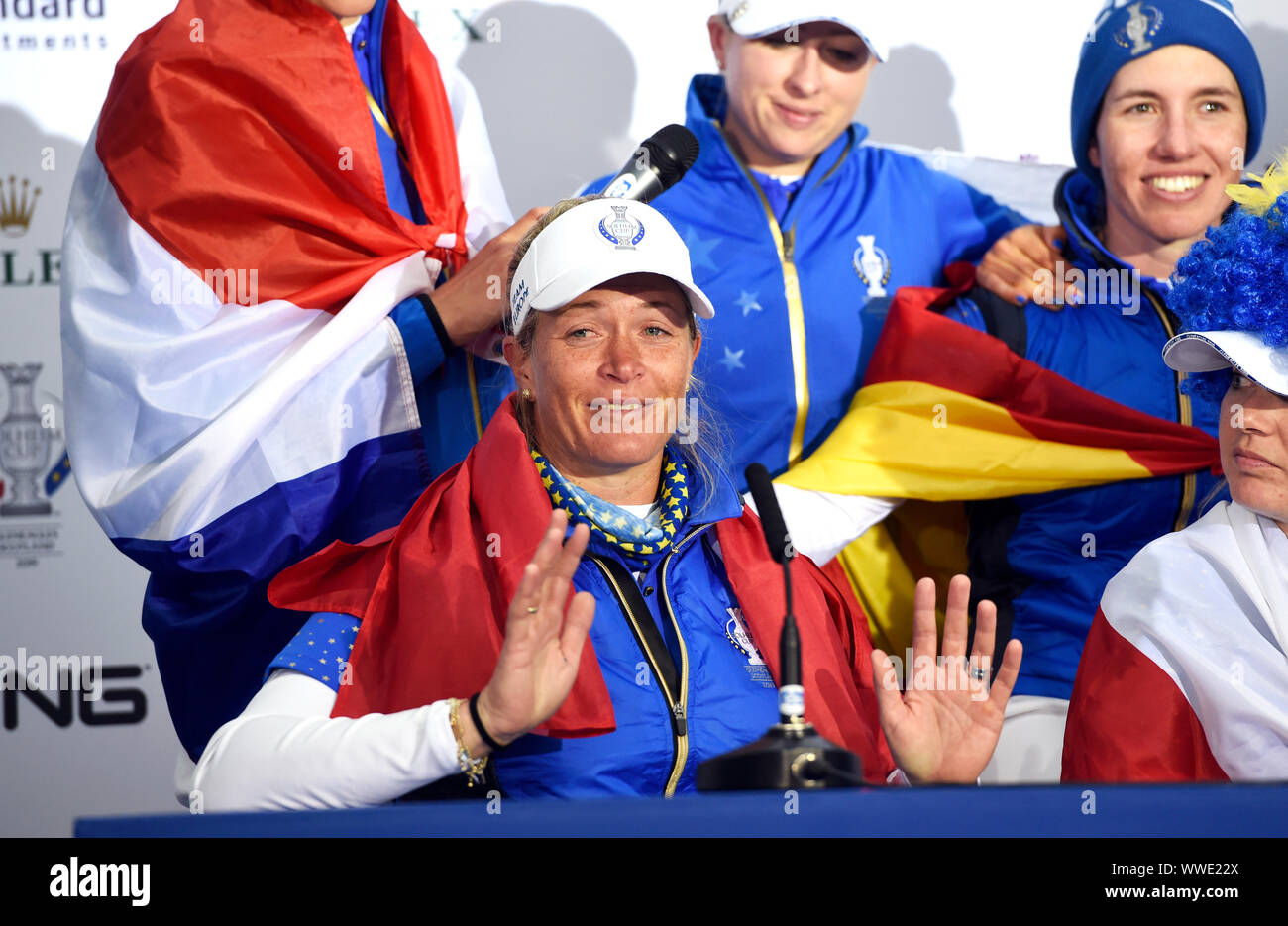 L'Europe de l'équipe Suzann Pettersen annonce sa retraite dans l'après-match conférence de presse après la victoire de l'équipe de l'Europe dans la Solheim Cup sur la troisième journée de la Solheim Cup 2019 à Gleneagles Golf Club, à Auchterarder. Banque D'Images