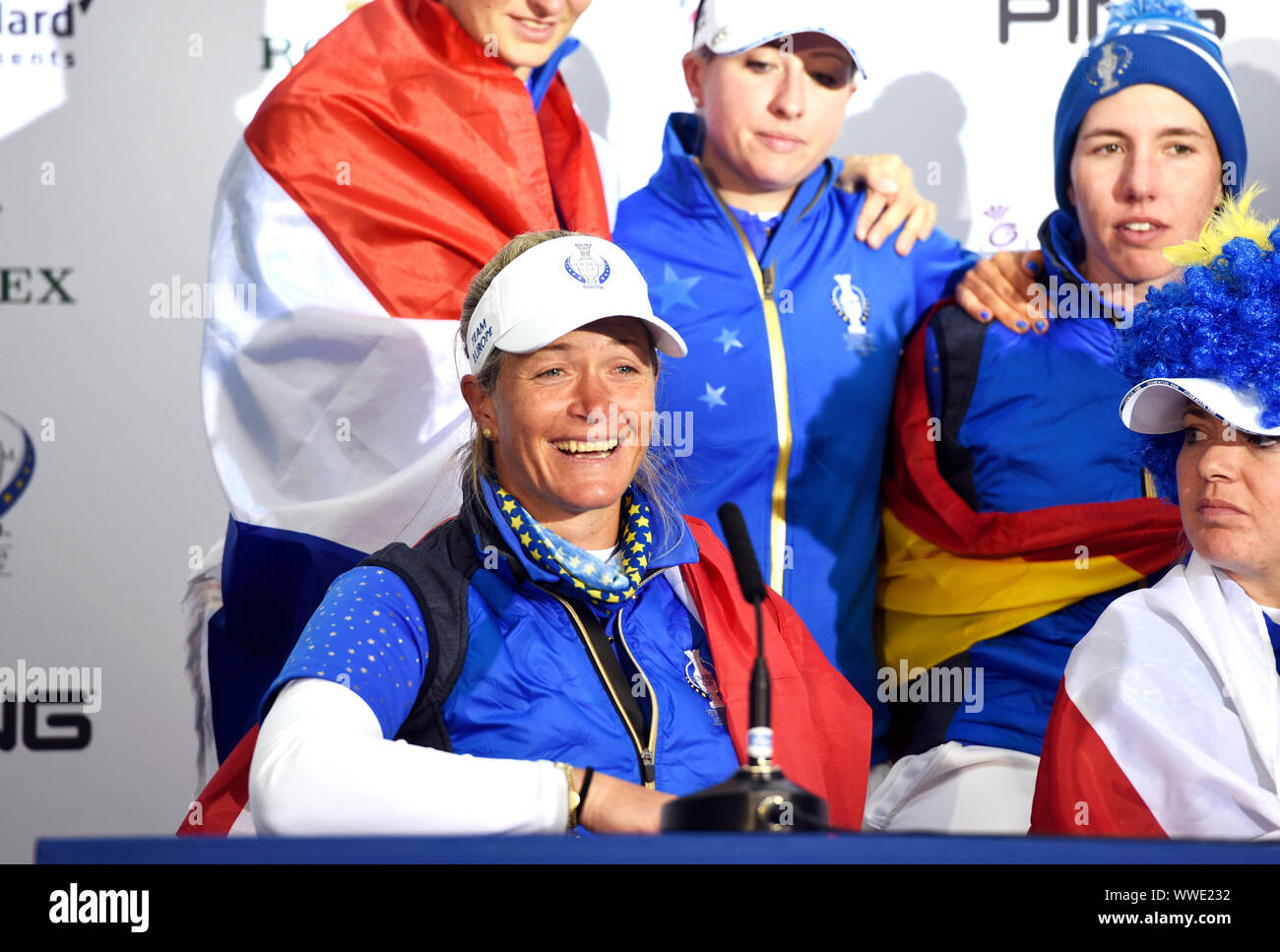 L'Europe de l'équipe Suzann Pettersen annonce sa retraite dans l'après-match conférence de presse après la victoire de l'équipe de l'Europe dans la Solheim Cup sur la troisième journée de la Solheim Cup 2019 à Gleneagles Golf Club, à Auchterarder. Banque D'Images