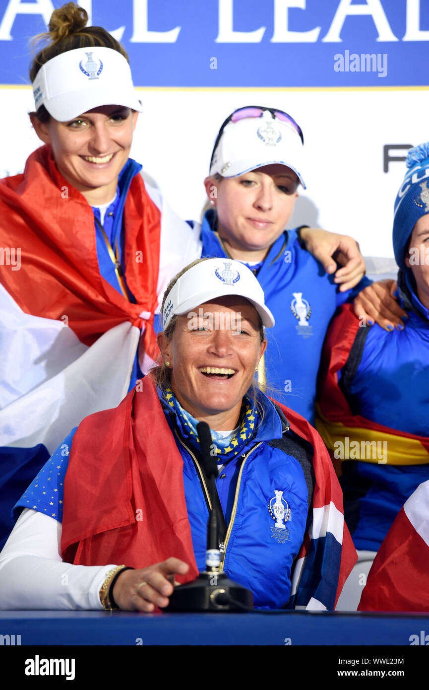 L'Europe de l'équipe Suzann Pettersen annonce sa retraite dans l'après-match conférence de presse après la victoire de l'équipe de l'Europe dans la Solheim Cup sur la troisième journée de la Solheim Cup 2019 à Gleneagles Golf Club, à Auchterarder. Banque D'Images