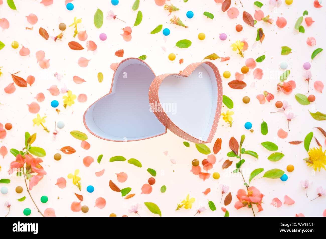 Boîte cadeau en forme de coeur télévision jeter Vue supérieure avec printemps coloré décoration florale Banque D'Images