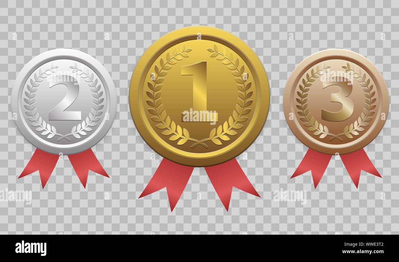 Champion gold, silver et bronze médailles avec rubans rouges Illustration de Vecteur