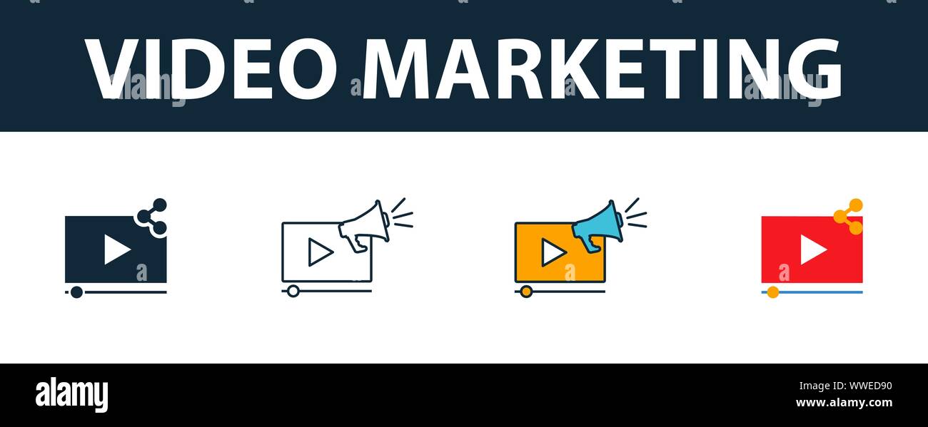 Le Marketing vidéo icon set. Quatre symboles simples dans diférents styles du smm collection d'icônes. Creative marketing vidéo rempli d'icônes de couleur, Contours, Illustration de Vecteur