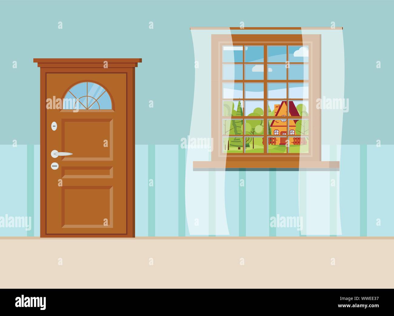Fermé en bois porte d'entrée et fenêtre avec vue d'été de paysage avec cartoon house Illustration de Vecteur Fermé en bois porte d'entrée et fenêtre avec vue d'été de paysage avec cartoon house Illustration de Vecteur