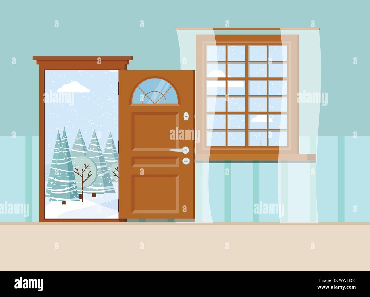 Ouvert en bois porte d'entrée et fenêtre avec vue magnifique du paysage de forêt d'hiver. Illustration de Vecteur Ouvert en bois porte d'entrée et fenêtre avec vue magnifique du paysage de forêt d'hiver. Illustration de Vecteur