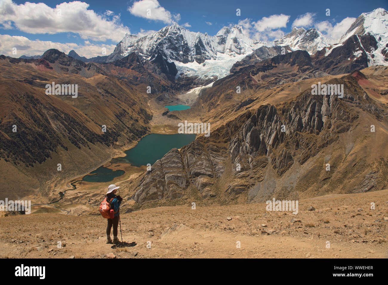 Vue sur Laguna Jahuacocha et l'ensemble de la Cordillera Huayhuash, Ancash, Pérou Banque D'Images