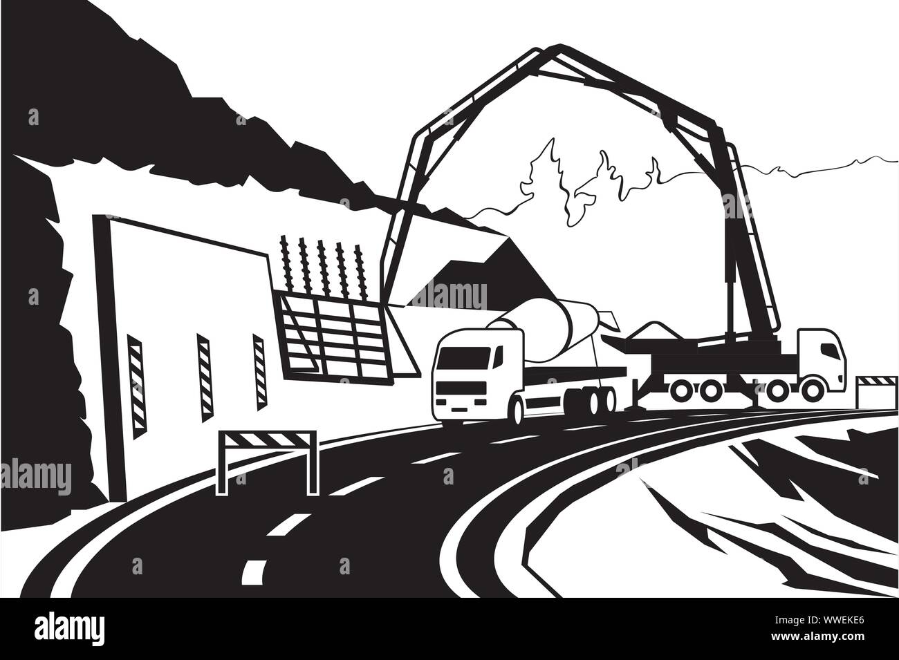 Construction de mur de soutènement sur la route dans la montagne - vector illustration Illustration de Vecteur