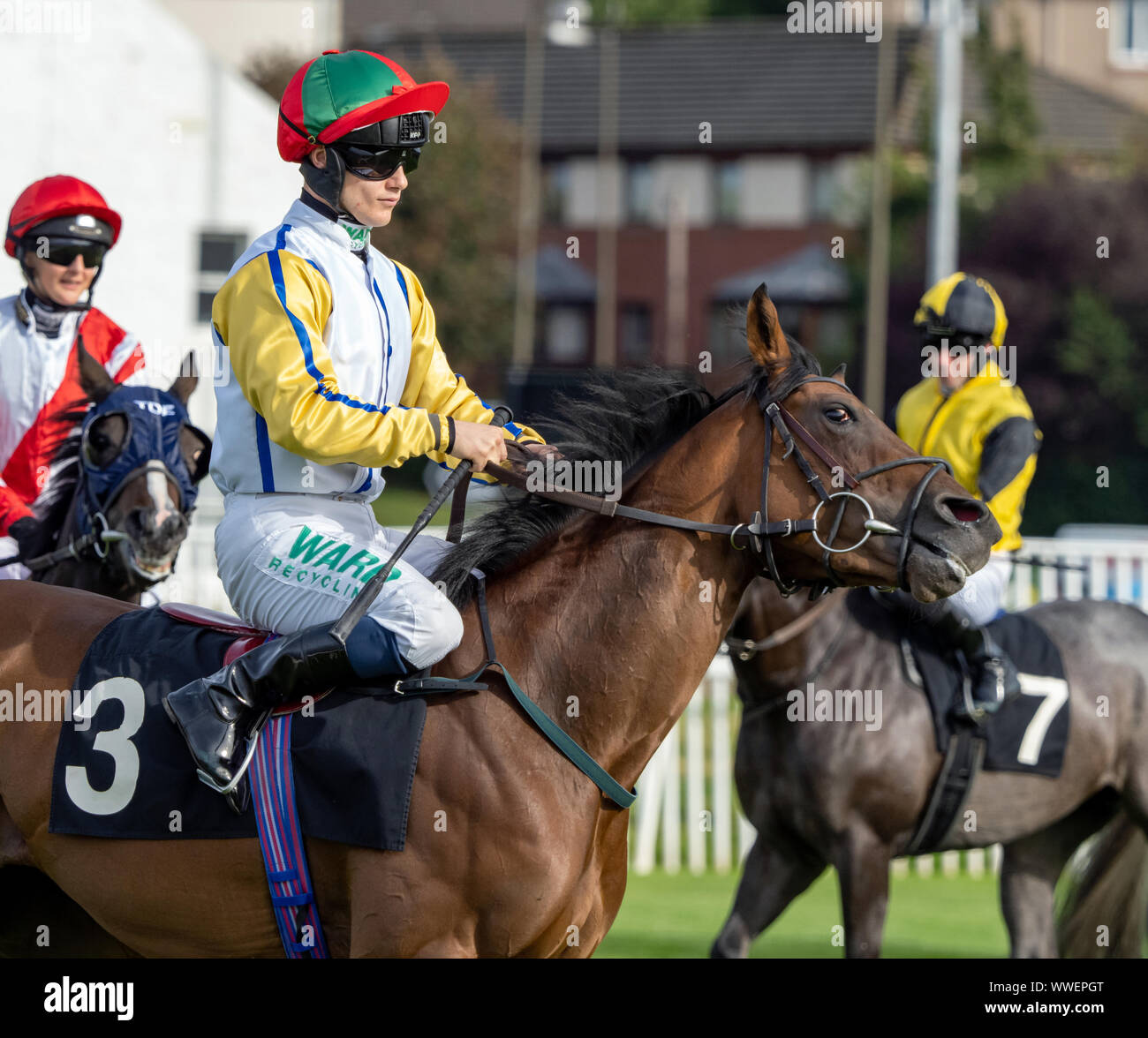 Jockey Jason Hart sur elle Easyontheeye avant le début de l'Inscrivez-vous RacingTV pépinière maintenant Handicap à Musselburgh - 14 septembre 2019. Banque D'Images