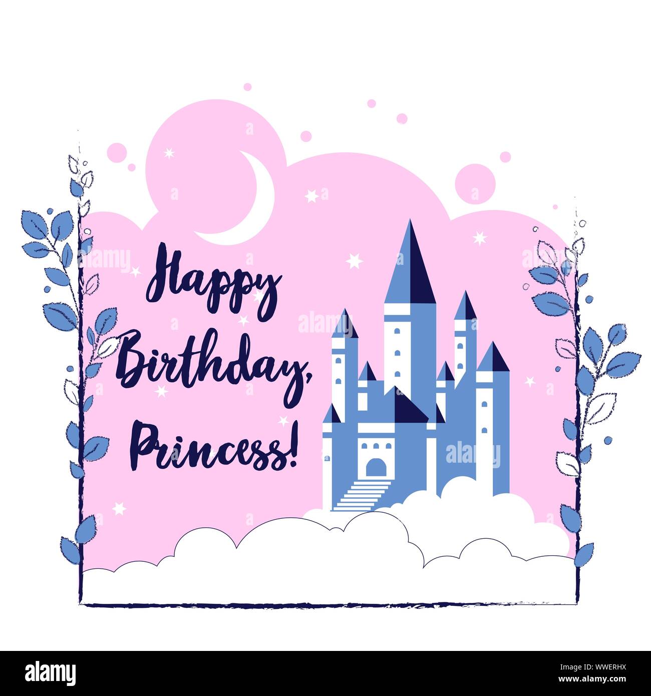 Joyeux Anniversaire Princesse Carte De Souhaits Avec Conte De Chateau Dans Le Ciel Et L Inscription Pour Petite Fille Vector Illustration Image Vectorielle Stock Alamy