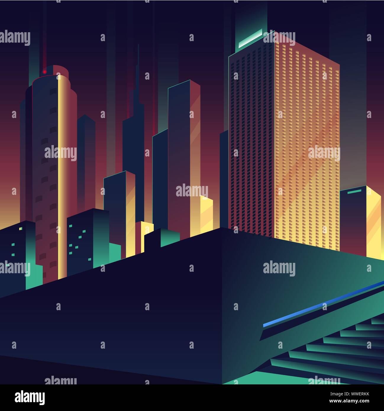 Grande ville. Paysage urbain soir avec des bâtiments, des gratte-ciel et des escaliers. Vector illustration. Illustration de Vecteur