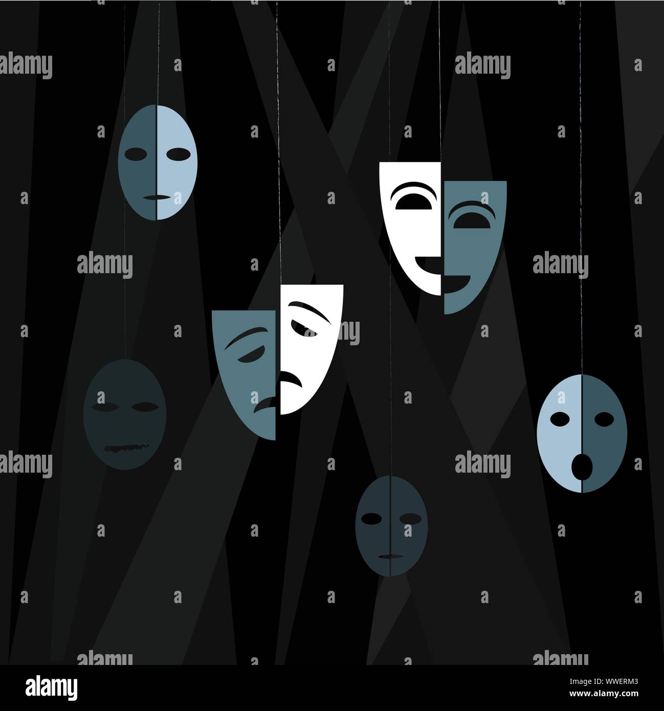 Le théâtre. Les masques de théâtre sur le fond sombre. Vector illustration dans télévision style. Illustration de Vecteur
