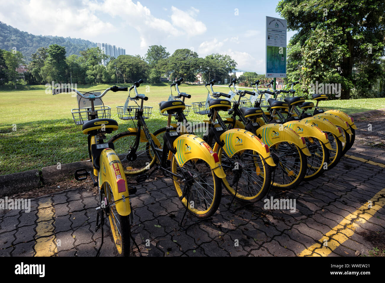 Taiping, Malaisie - 22 Jun, 2018 : service de partage de vélos de location à à basse vitesse à travers le lac Taiping Taiping, le jardin, la Malaisie - un trajet occasionnel Banque D'Images