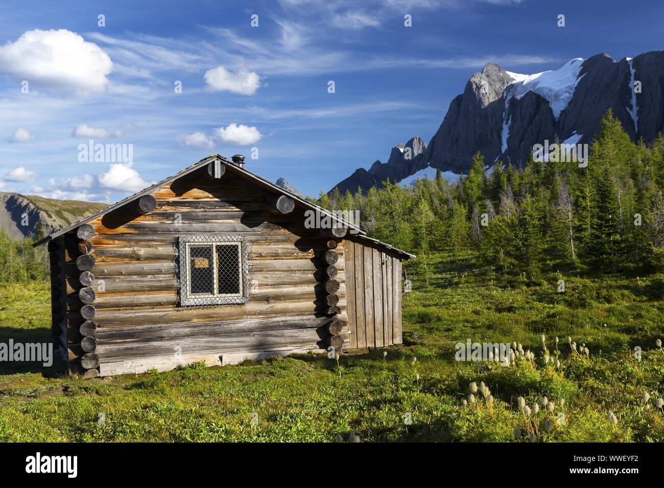 Patrimoine Landmark Chalet Wilderness Shelter Green Alpine Meadow Wolverine Pass Rockwall Mountain Peak, parc national Kootenay Rocheuses canadiennes Banque D'Images