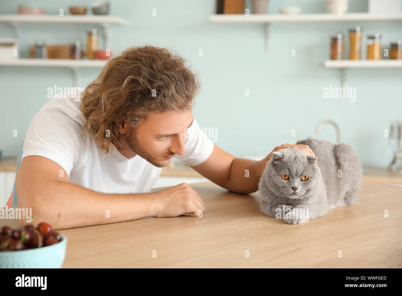 Homme Avec Mignon Chat Drole A Table De Cuisine Photo Stock Alamy