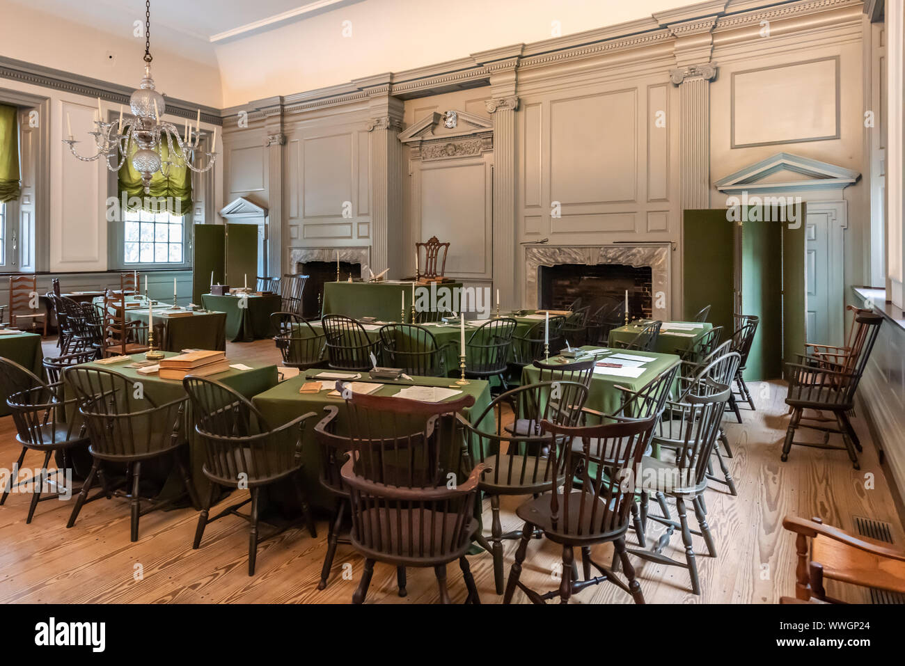 La salle d'assemblée dans l'Independence Hall dans lequel la déclaration d'indépendance et de la Constitution rédigée et signée Banque D'Images