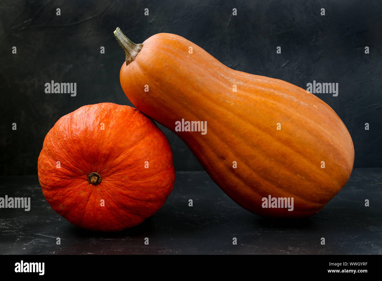 Deux citrouilles sont matures lumineux situé sur un fond sombre, l'orientation horizontale, gros plan Banque D'Images