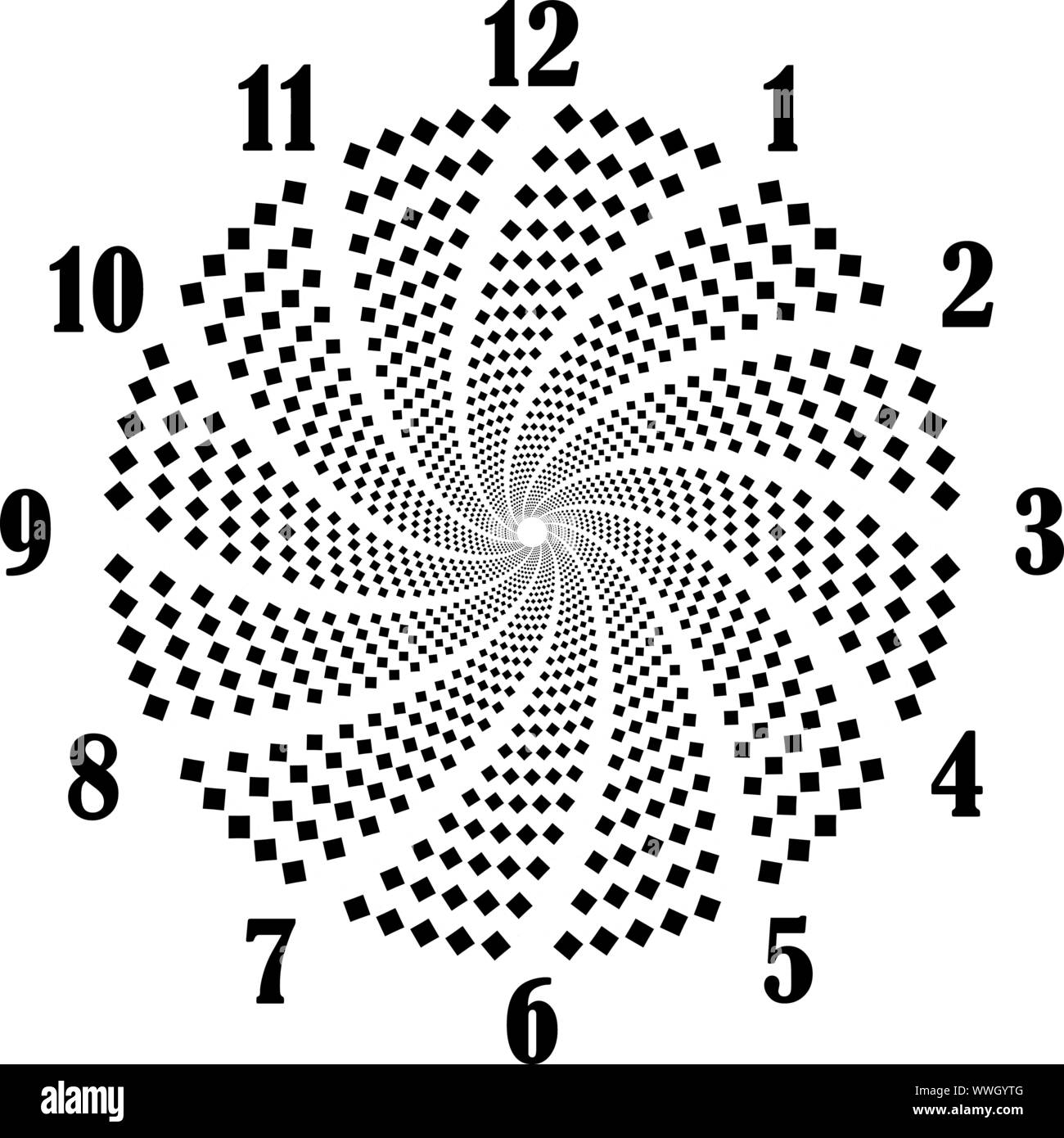 Cadran d'horloge gros chiffres noir tourbillon diamants panneaux indiquant l'espace négatif pour les secondes sur fond transparent Illustration de Vecteur