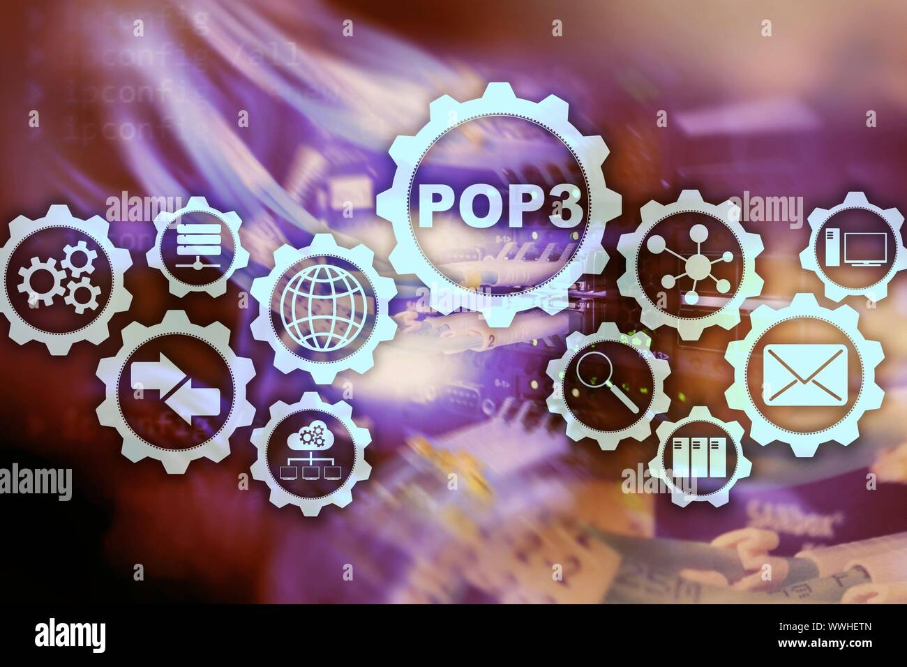 POP3. Post Office Protocol Version 3. Le protocole Internet standard sur fond de datacenter Banque D'Images