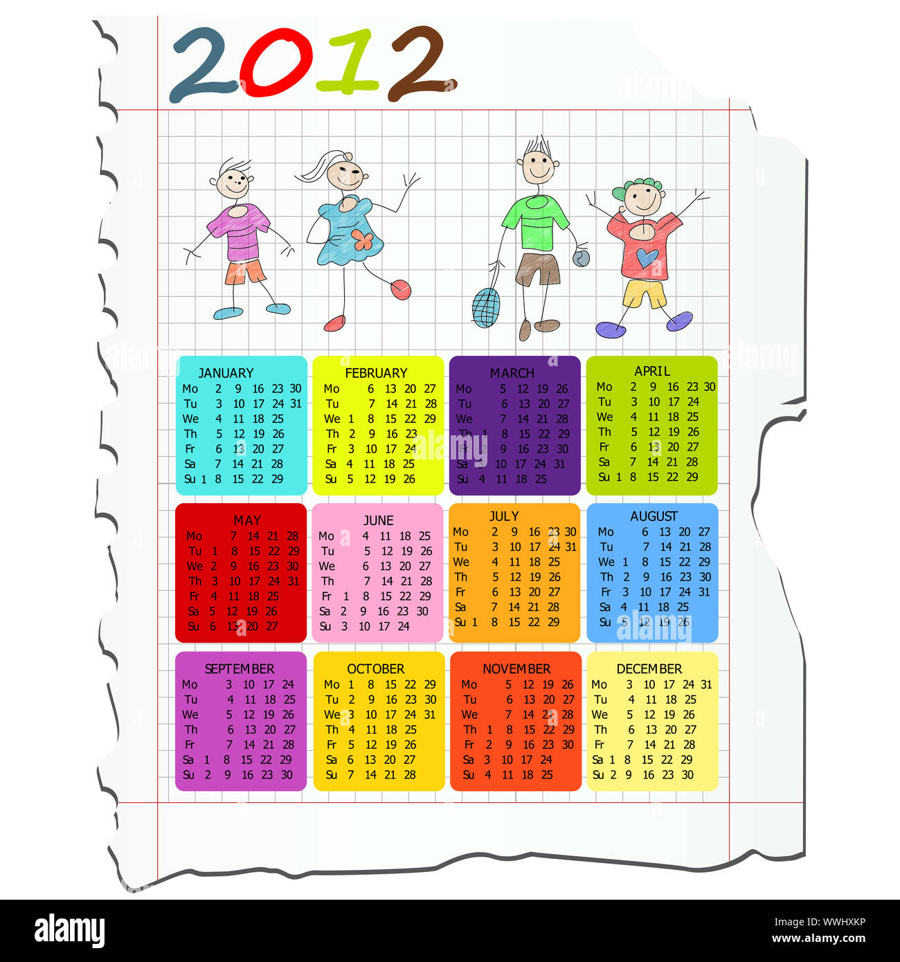 Calendrier 2012 sur les mathématiques du papier avec des dessins pour les enfants. Banque D'Images