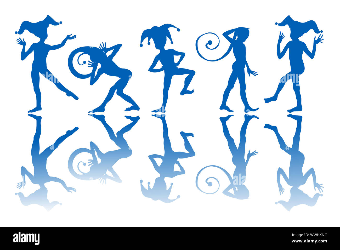 Harlequins Danse et réflexion silhouettes sur fond blanc. Banque D'Images