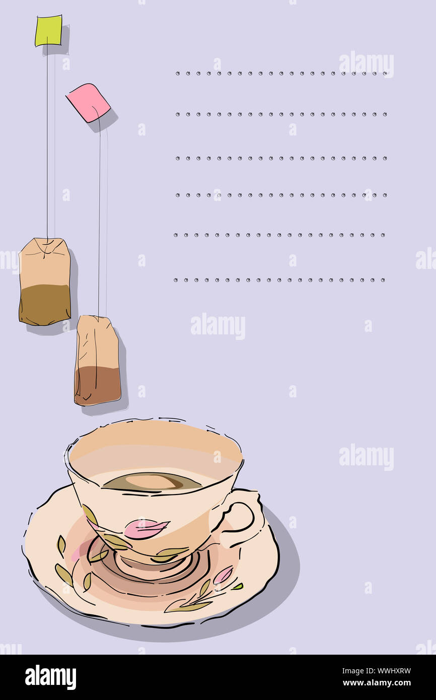 Carte graphique avec thé tasse de thé et le sac et la place pour le texte, l'art abstrait Banque D'Images