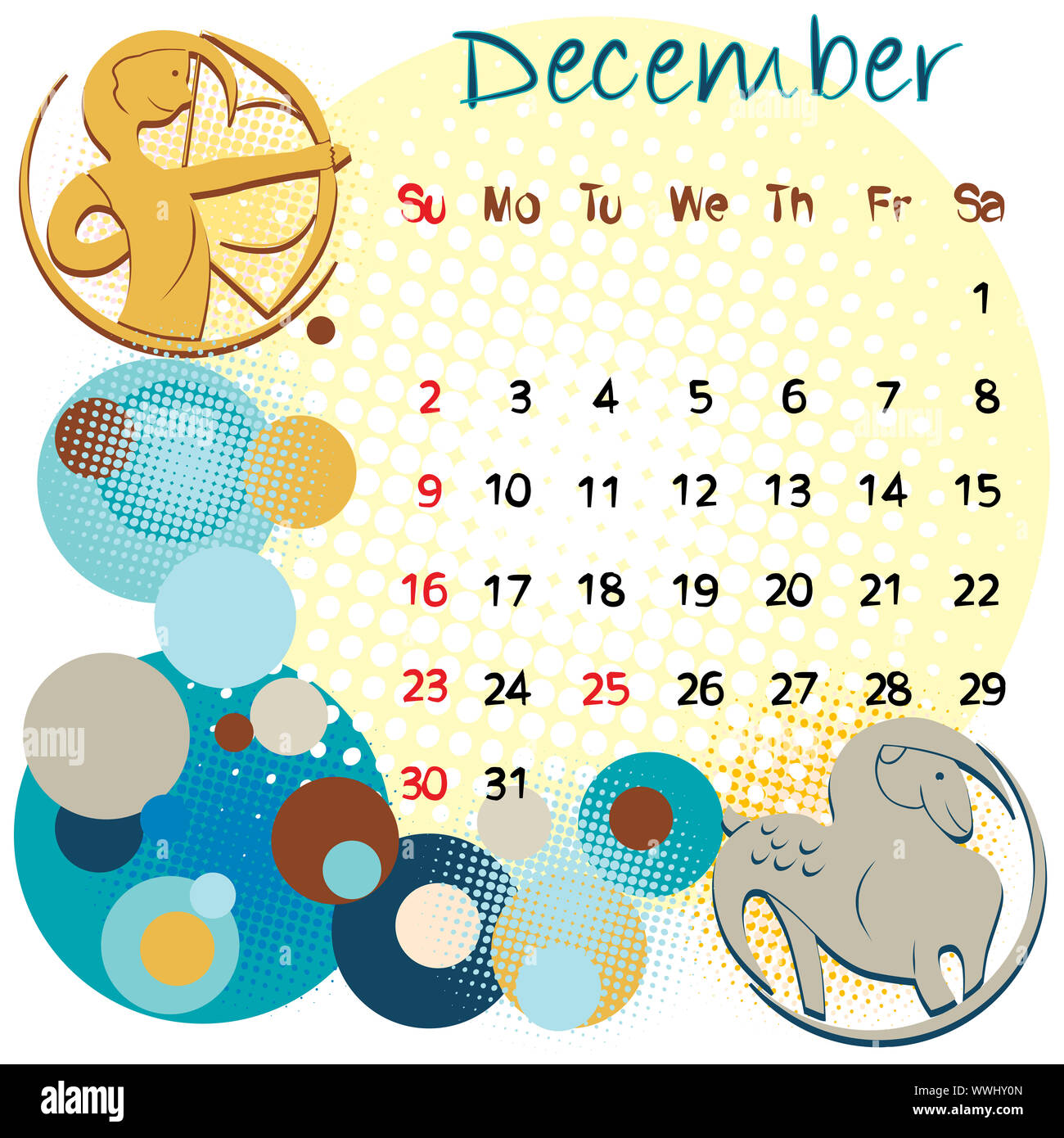 Décembre calendrier 2012 avec les signes du zodiaque et jours fériés aux États-Unis Banque D'Images