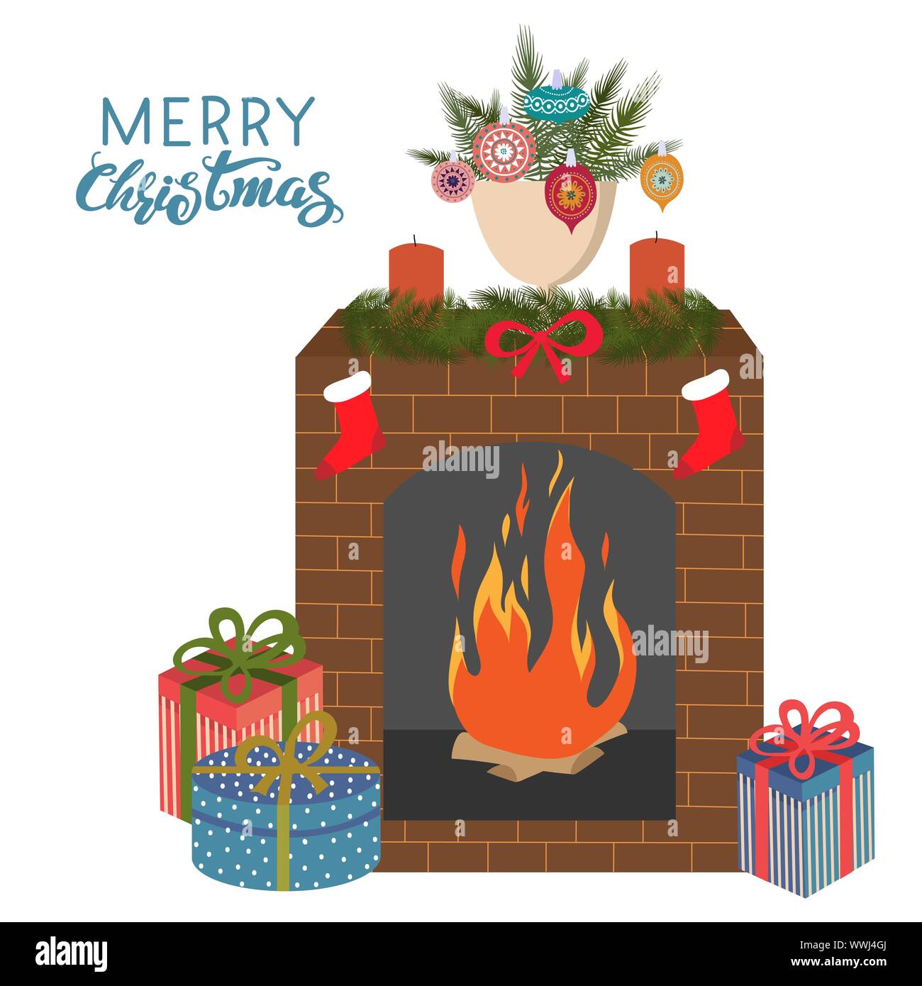 Foyer de Noël avec guirlande et des chaussettes, et des cadeaux. Télévision Cartoon cute vector illustration isolé sur un fond blanc. Illustration de Vecteur