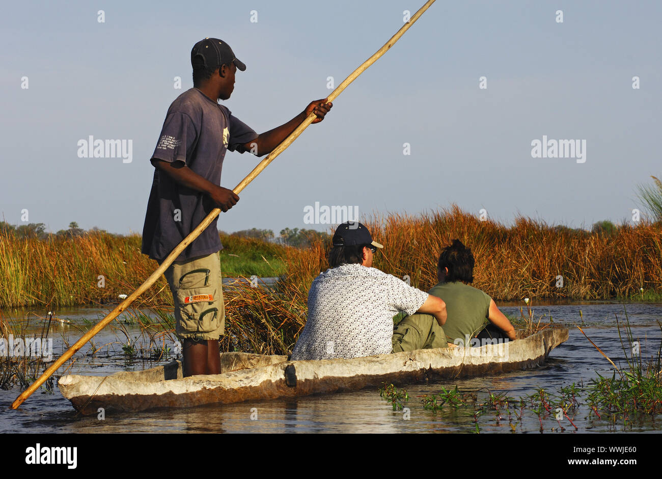 Les touristes dans la pirogue mokoro dans le Delta de l'Okavango Banque D'Images
