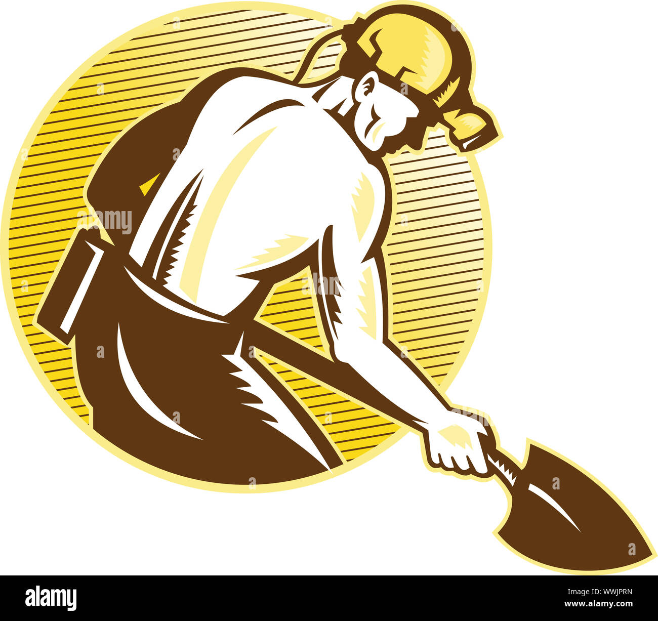 Illustration d'un mineur de charbon travaillant avec pelle vu de côté, de définir à l'intérieur du cercle isolées sur fond blanc fait dans le style rétro de gravures sur bois. Banque D'Images
