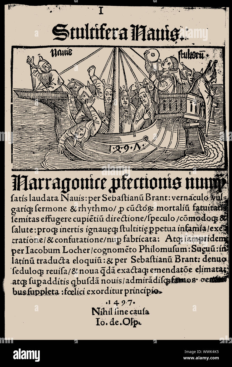Page de titre du livre "Ship of Fools" par Sebastian Brant, 1497. Collection privée. Banque D'Images