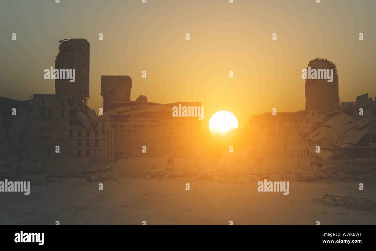 Ville détruite au coucher du soleil, post apocalyptique, l'image de rendu 3d. Banque D'Images