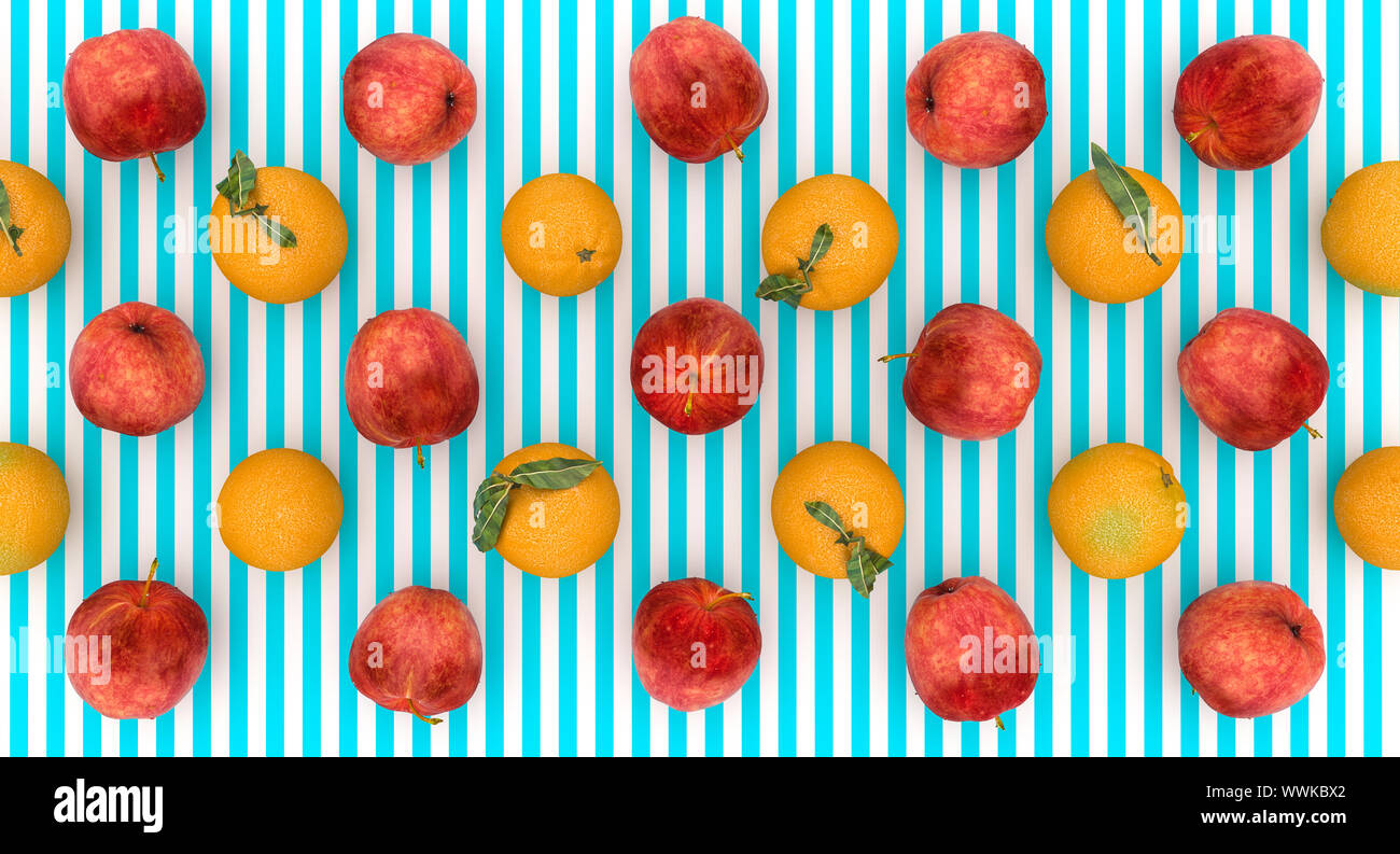 Mise à plat de l'arrière-plan une série d'oranges et de pommes sur un fond rayé bleu et blanc, image 3D rendu. Concept d'aliments sains. Banque D'Images