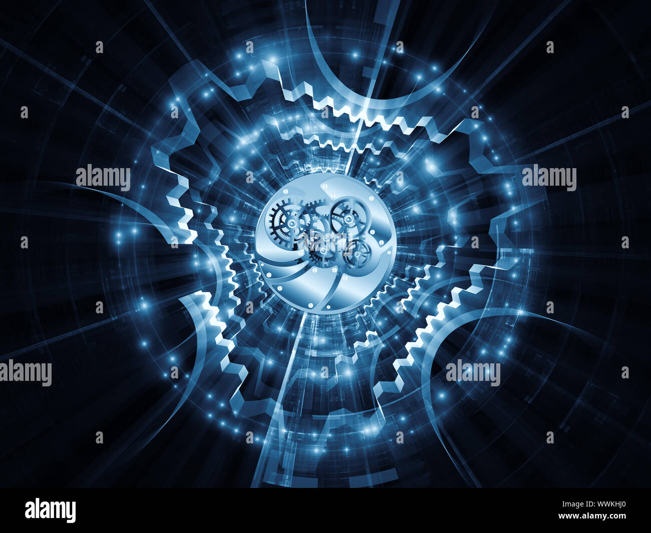 Interaction des engrenages, des lumières et des éléments de conception technologique sur le sujet de l'information et processus numériques et les technologies modernes Banque D'Images