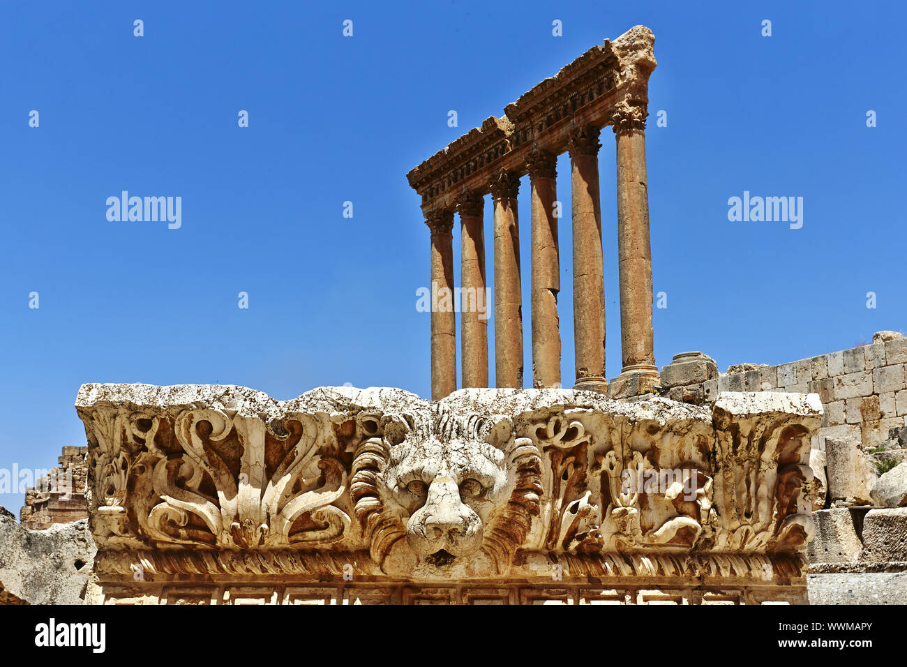 Les colonnes de Jupiter et baalbek lion (Temple de Jupiter) - Baalbek, Liban Banque D'Images