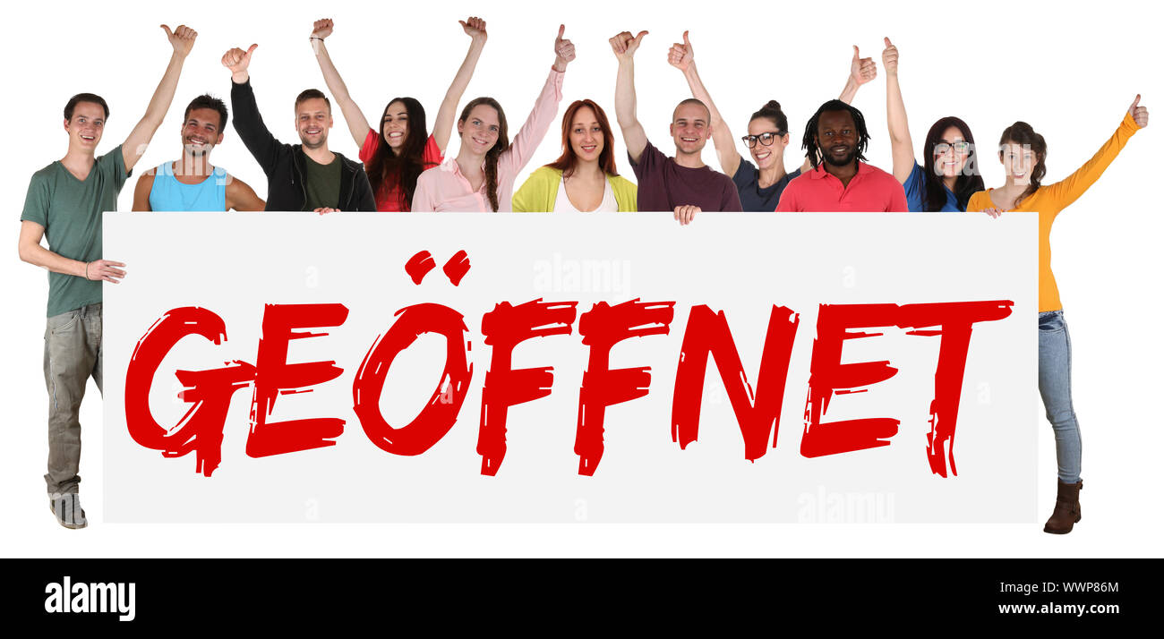 Open Open sign shop shop shop rire groupe jeunes gens Banque D'Images