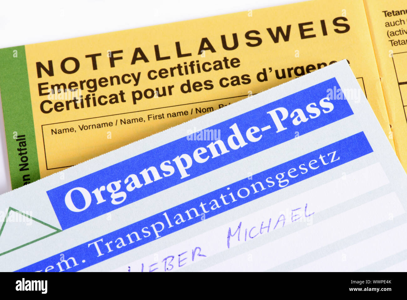 Carte d'identité et d'urgence passeport de donneurs d'organes Banque D'Images
