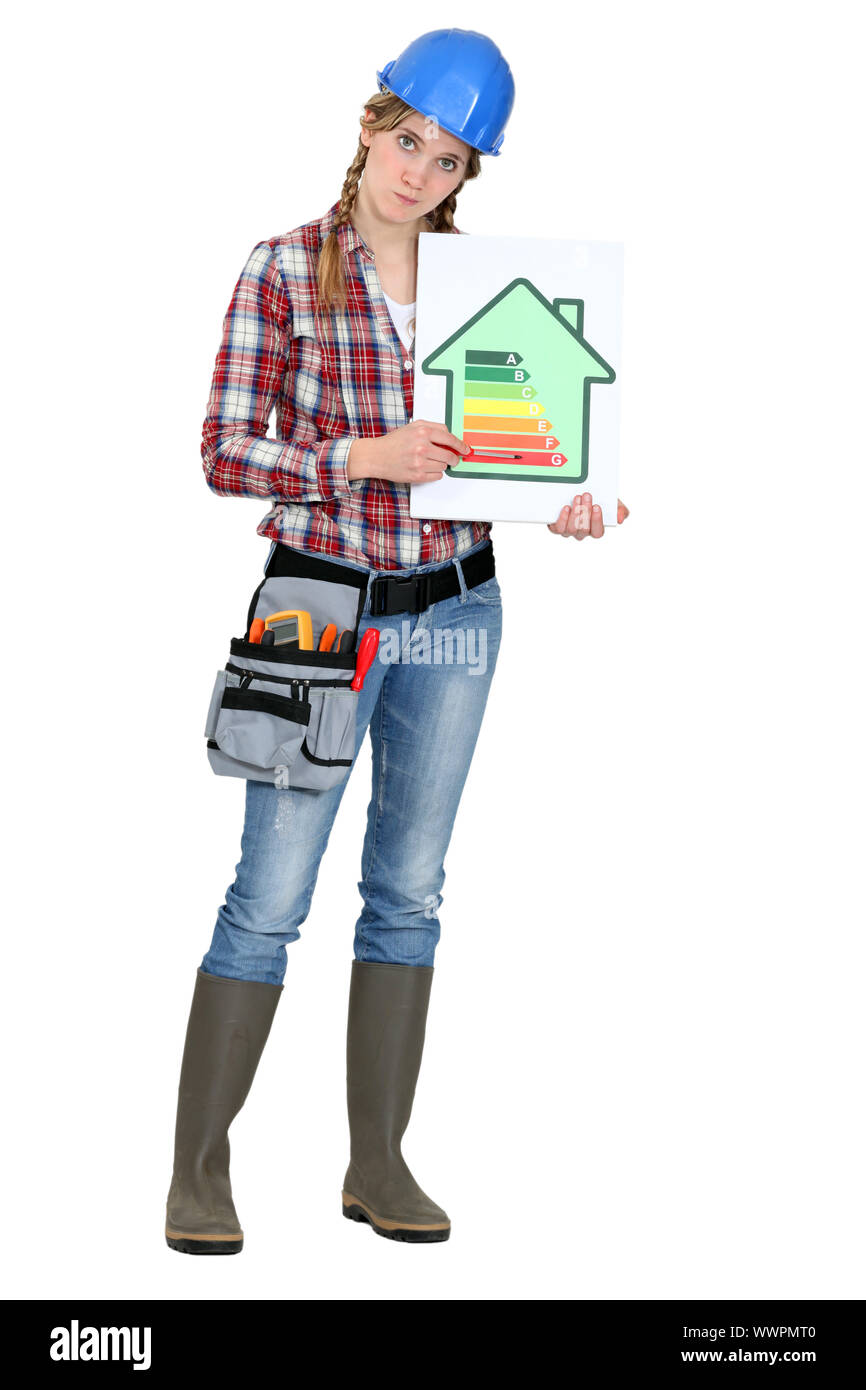 Travailleur féminin avec un logo de l'efficacité énergétique Banque D'Images
