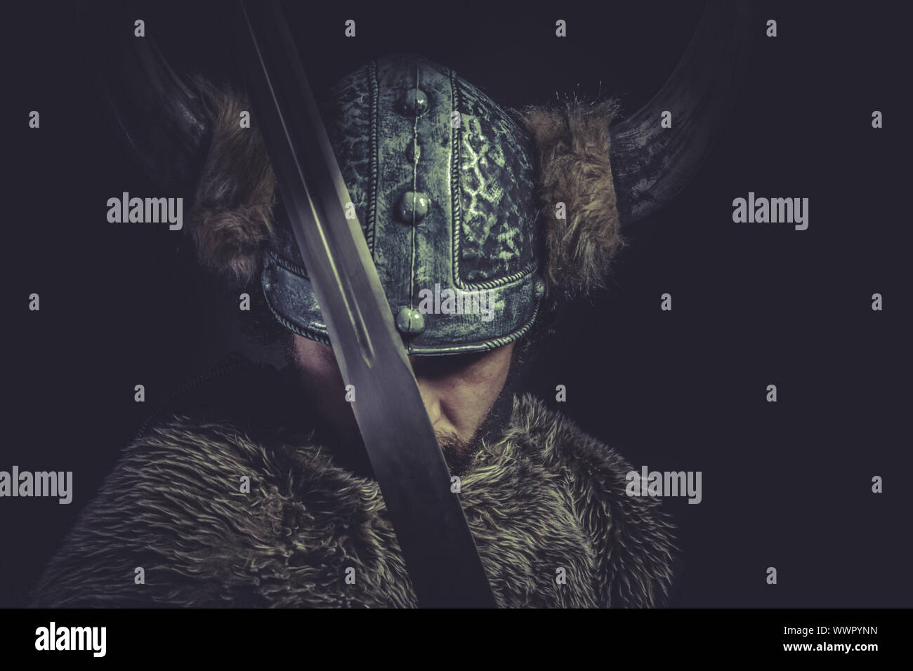 Guerrier Viking, conflit avec une énorme épée et un casque avec des cornes Banque D'Images