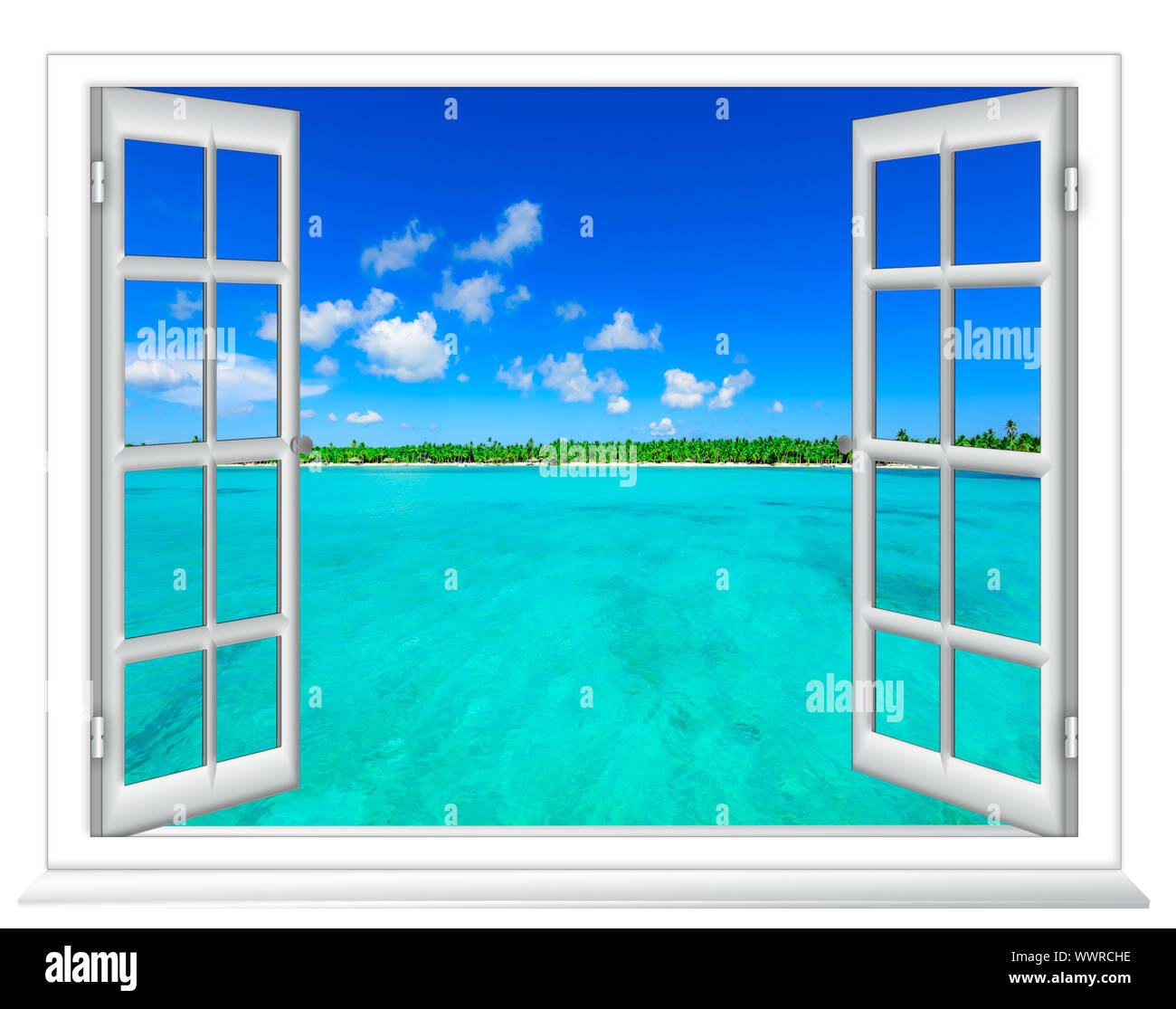 Vue mer à partir de la fenêtre sur l'île de jour d'été ensoleillé Banque D'Images