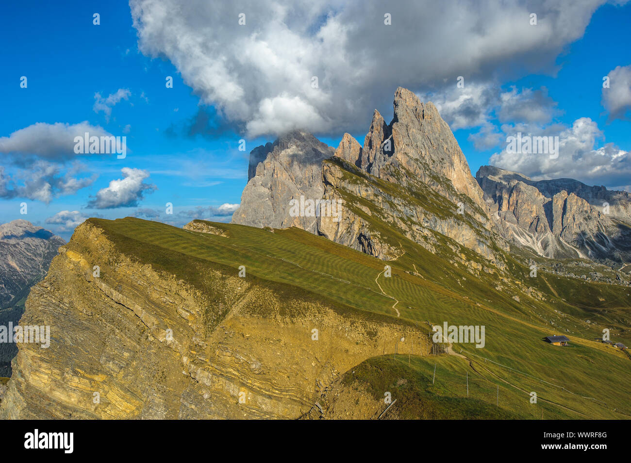 Pic de Seceda, Odle de montagne, vallée de Gardena, Dolomites, Italie Banque D'Images