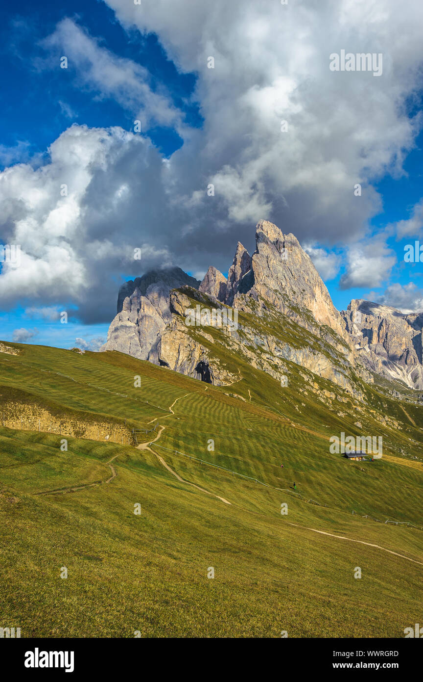 Pic de Seceda, Odle de montagne, vallée de Gardena, Dolomites, Italie Banque D'Images